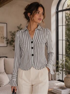 Spenser Jeremy Women's Black & White Striped Cotton
Button Front Elegant Blouse